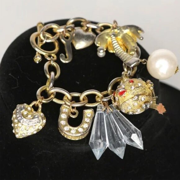 Vintage Juicy Couture Gold Charm Bracelet Y2K Blowfish Heart Crystals Palm Tree - Picture 3 of 11